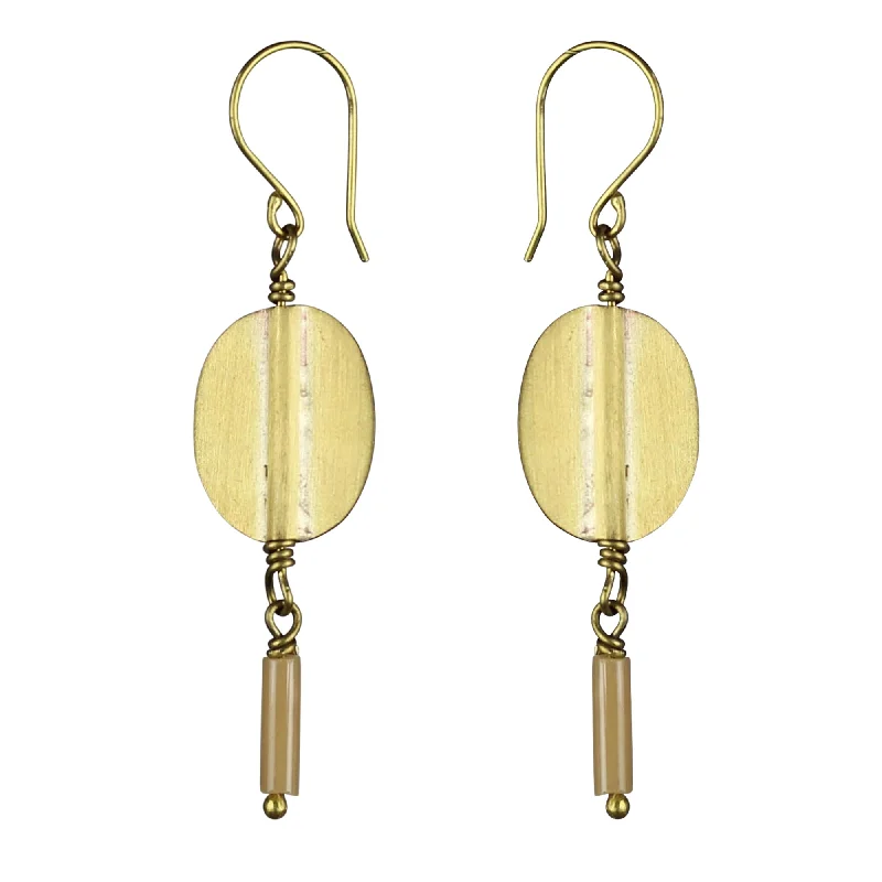 Earring, Brass Oval, Blush Glass Bead