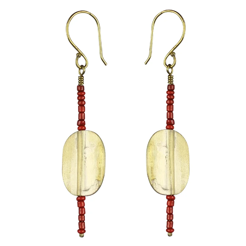 Earring, Brass Oval, Red Beaded Stem