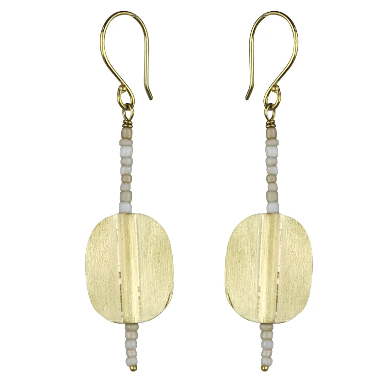 Earring, Brass Oval, White Beaded Stem