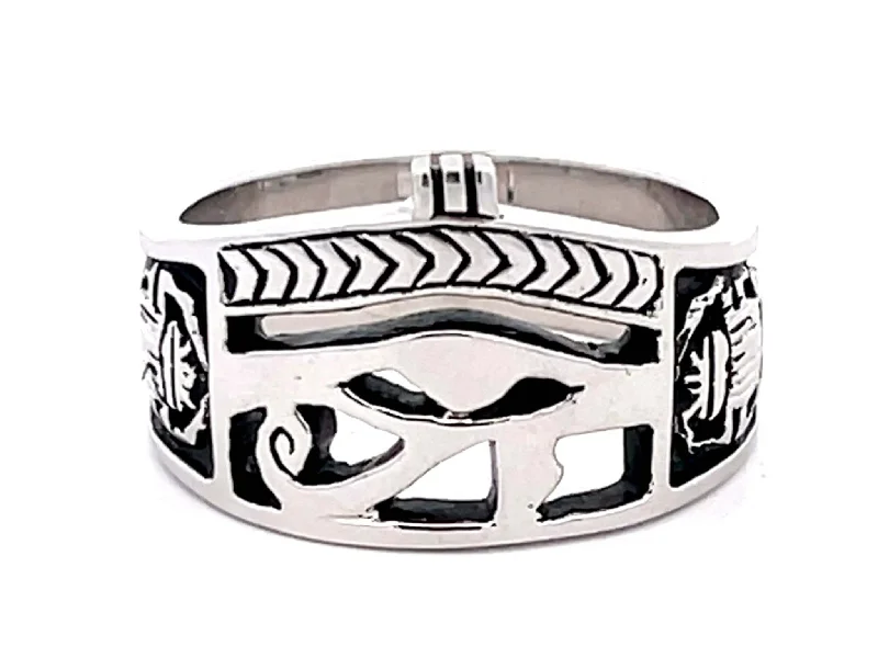 Egyptian Eye of Horus Ankh Cross Ring in 18k White Gold