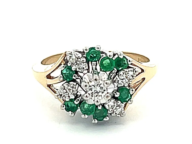 Green Emerald and Diamond Cluster Ring in 14k Gold