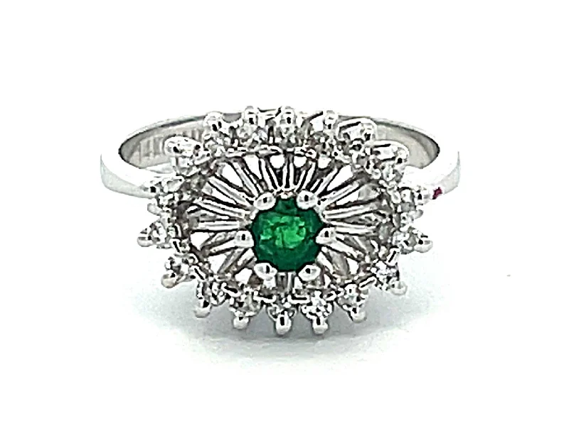 Green Emerald and Diamond Halo Ring in 14k White Gold