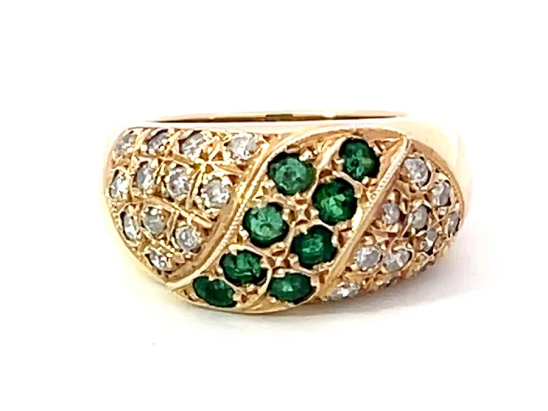 Green Emerald and Diamond Studded Dome Ring in 14k Yellow Gold