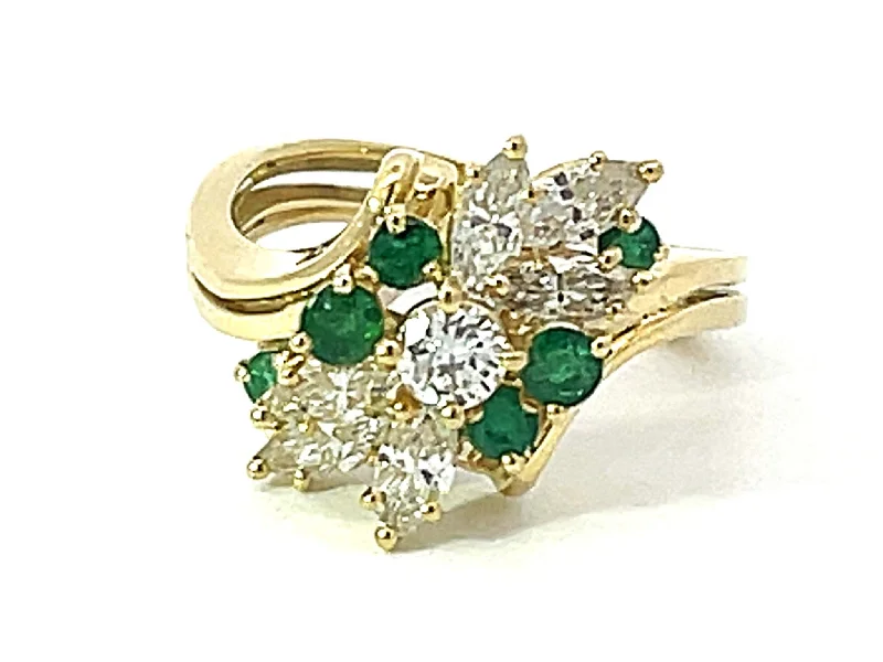 Green Emerald and Diamond Waterfall Ring in 18k Yellow Gold