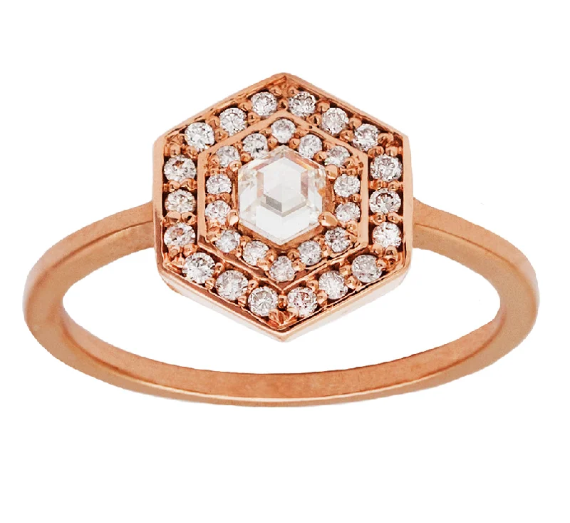 Art Deco Double Halo Hexagon White Diamond Ring