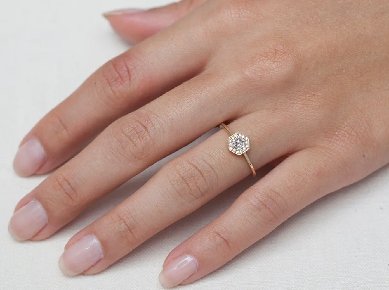 Hexagon White Diamond Halo Ring