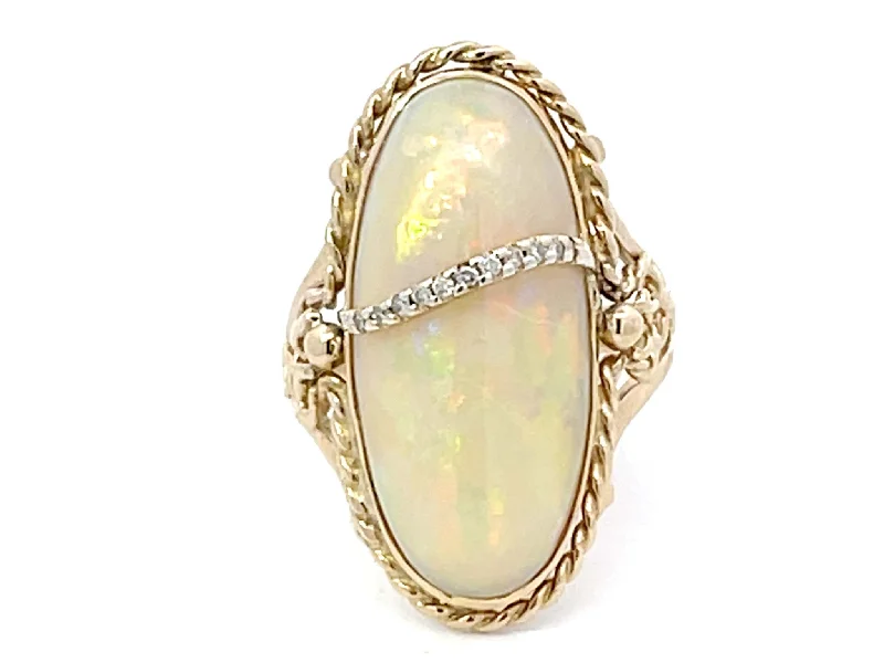 Large Oval Cabochon Opal and Diamond Ring in 14k Yellow Gold