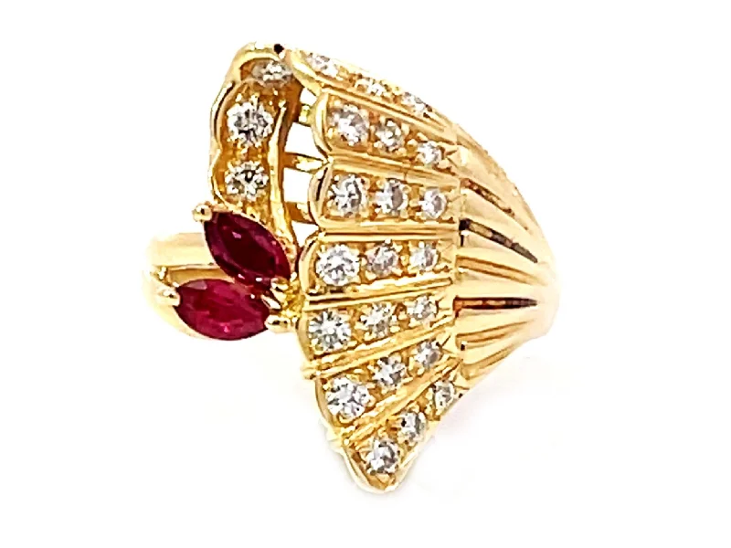 Marquise Red Ruby Diamond Cocktail Ring Solid 18k Yellow Gold