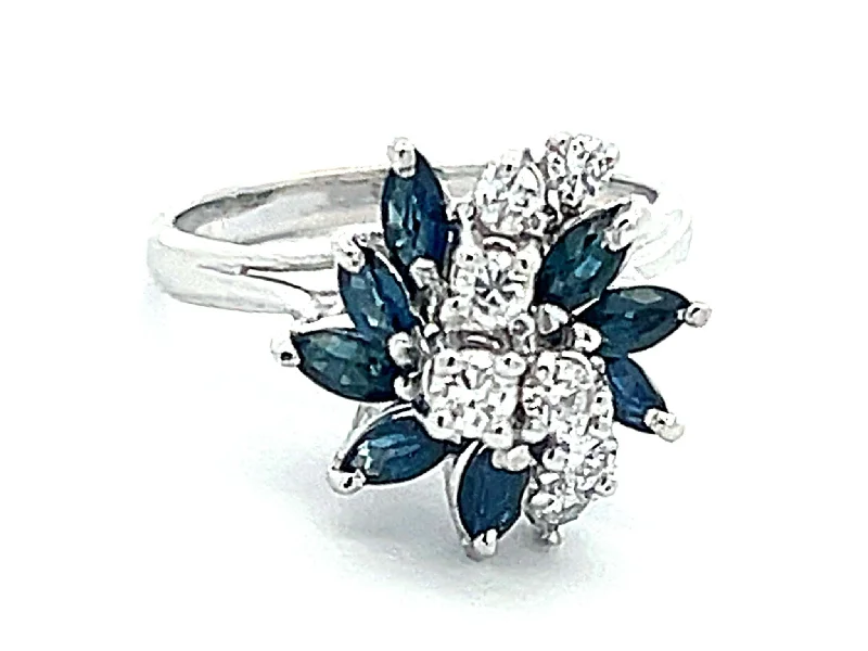 Marquise Sapphire and Diamond Flower Ring in 14k White Gold