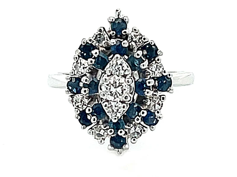 Marquise Shaped Sapphire Diamond Cluster Ring in 14k White Gold