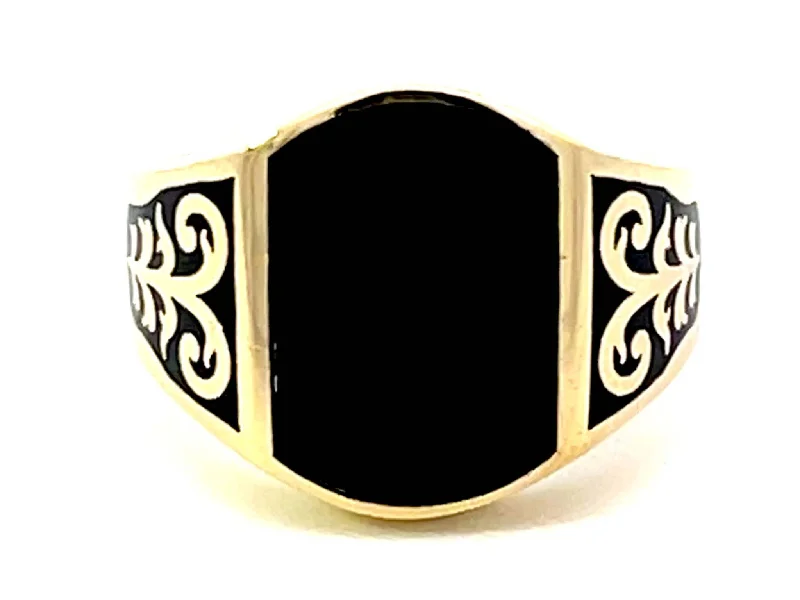 Mens Black Onyx Design Gold Ring 14K Yellow Gold