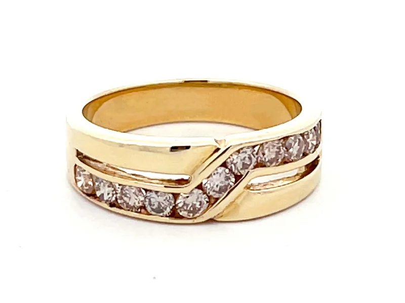 Mens Light Champagne Diamond Row Crossover Band Ring in 14k Yellow Gold