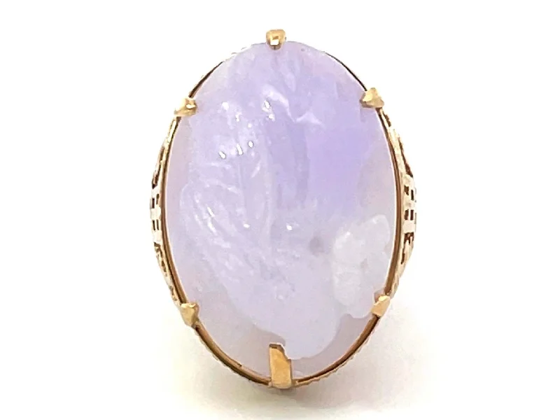 Mings Bird and Flower Carved Lavender Jade Ring 14k Yellow Gold