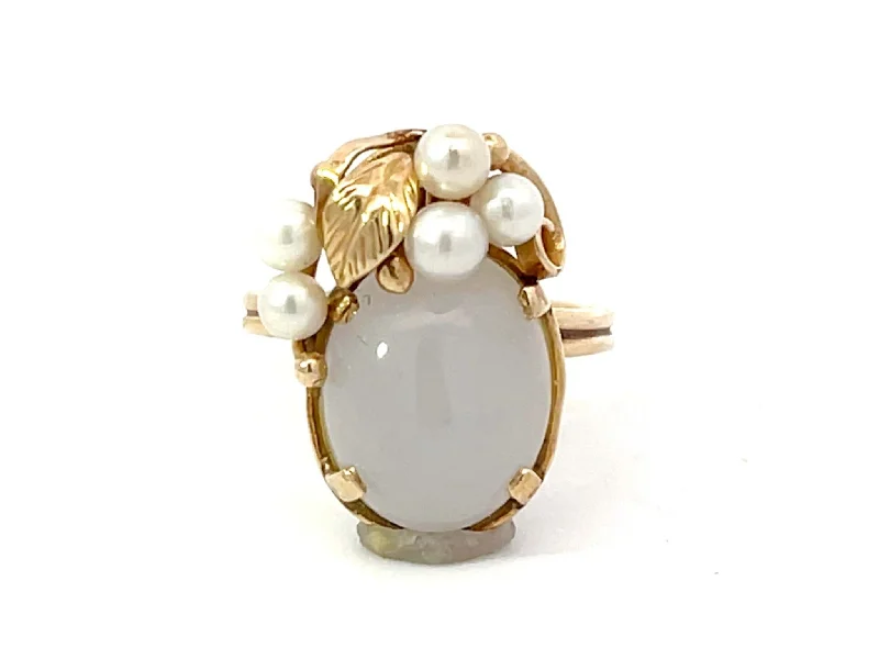 Mings Hawaii Oval Cabochon White Jade Pearl Leaf Ring 14k Yellow Gold