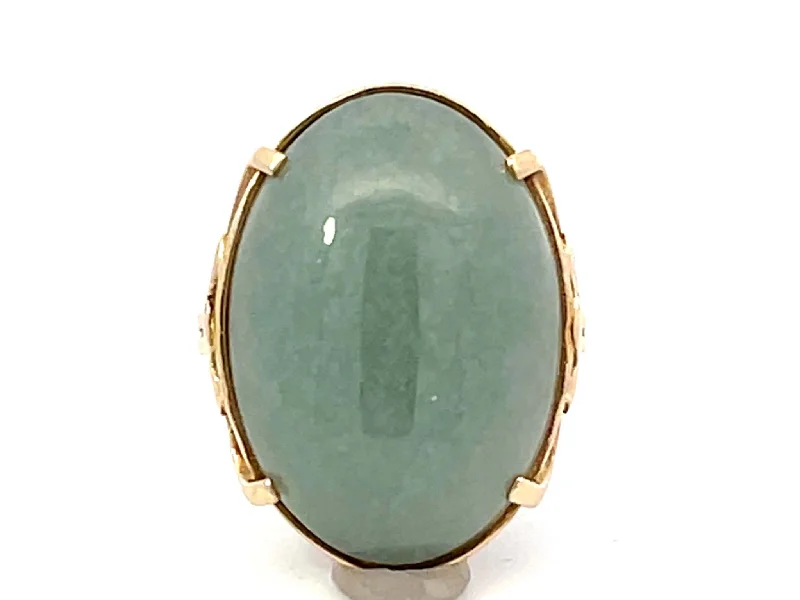 Mings Oval Cabochon Green Jade Ring 14k Yellow Gold