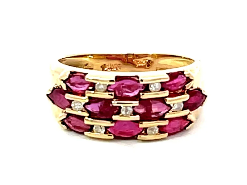 Multi Red Ruby and Diamond Band Ring in 14k Yellow Gold