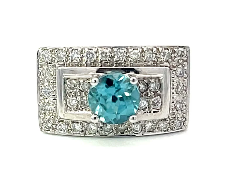 Natural Blue Zircon and Diamond Rectangular Ring in Platinum