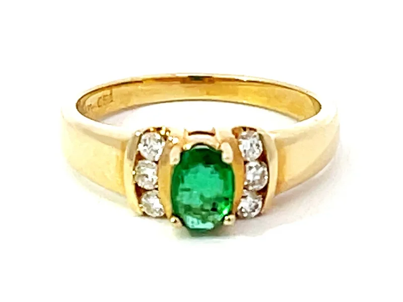 Oval Green Emerald and 6 Diamond Stackable Ring in 14k Yellow Gold