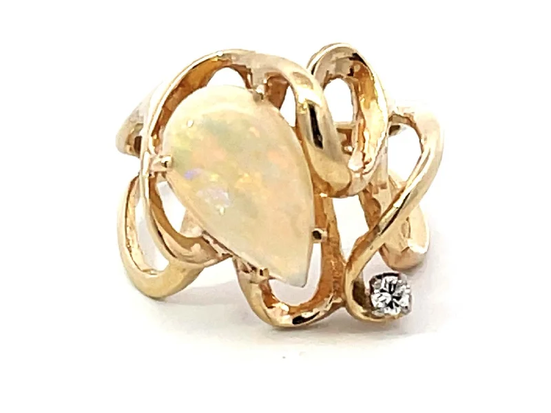 Pear Shaped Opal and Diamond Squiggly Ring in 14k Yellow Gold