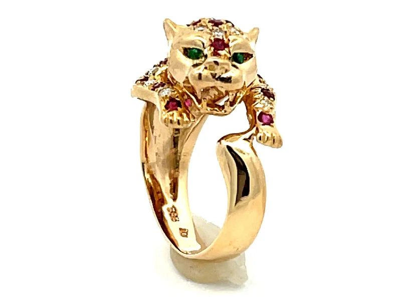 Ruby Diamond Emerald Eye Jaguar Ring 14k Yellow Gold