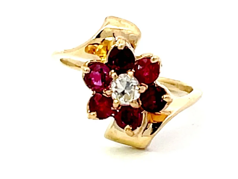 Ruby Flower and Diamond Center Ring in 14k Yellow Gold