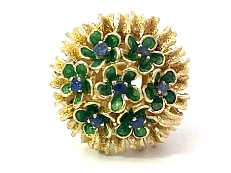 Sapphire Green Enamel Flowers Flower Ring Solid 18k Yellow Gold