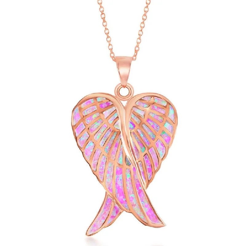 Sterling Silver Rose GP Pink Inlay Opal Angel Wings Pendant