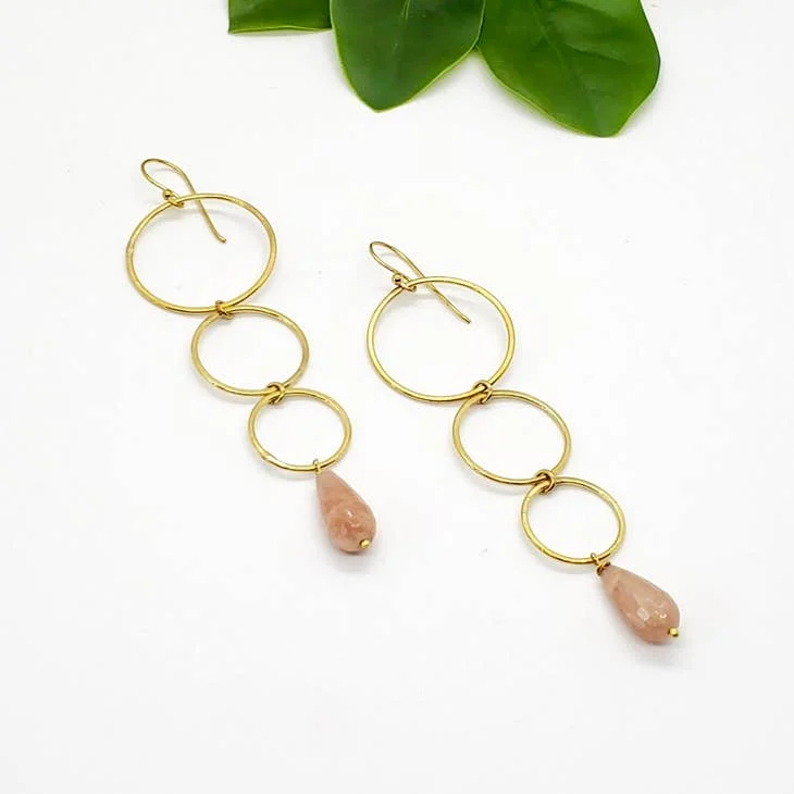 Triple Hoop Brass Peach Moonstone Earring