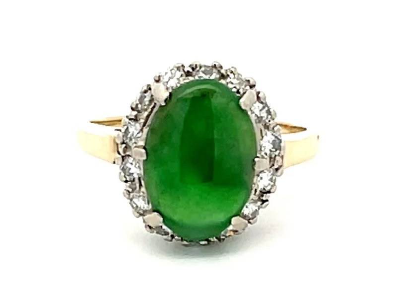 Vintage Green Jade Diamond Halo Gold Ring