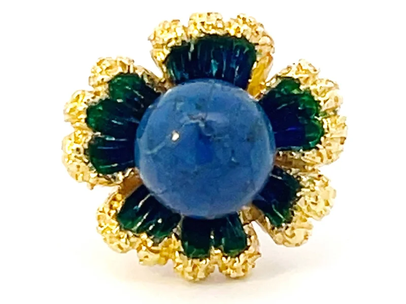 Vintage Lapis Lazuli Enamel Flower Ring 18k Yellow Gold