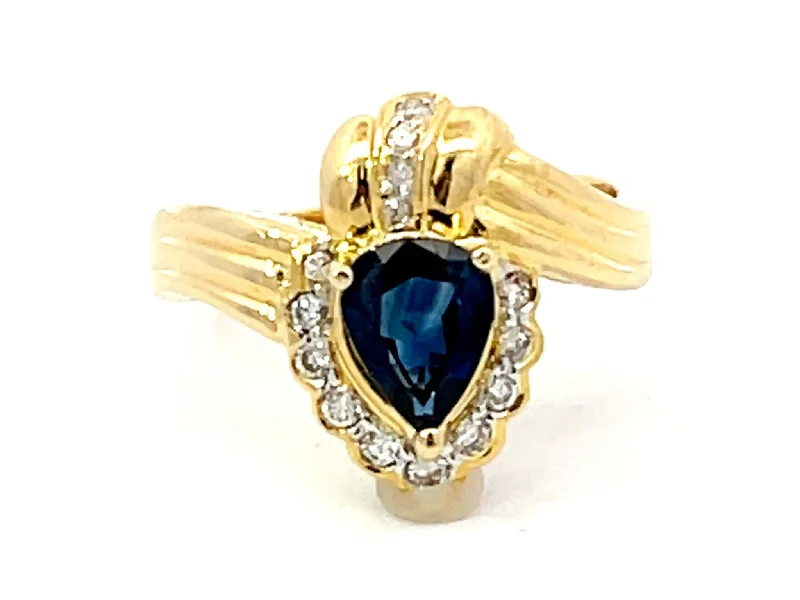 Vintage Pear Shaped Sapphire and Diamond Halo Ring in 18k Yellow Gold