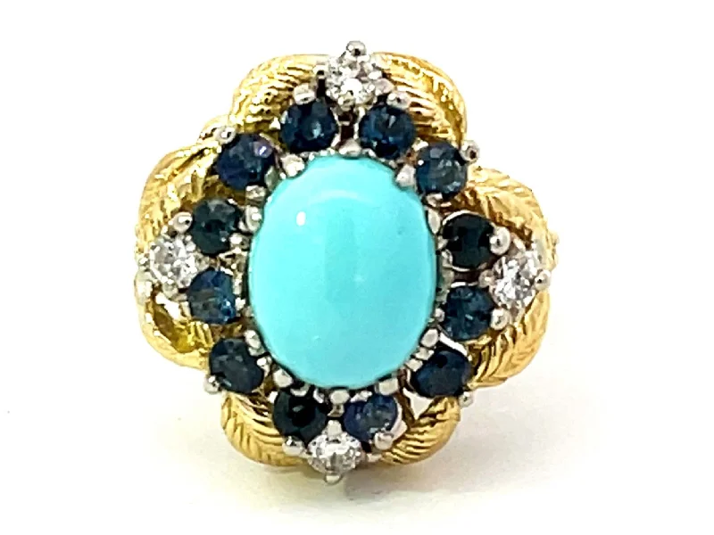 Vintage Turquoise Sapphire and Diamond Ring in 18k Yellow Gold